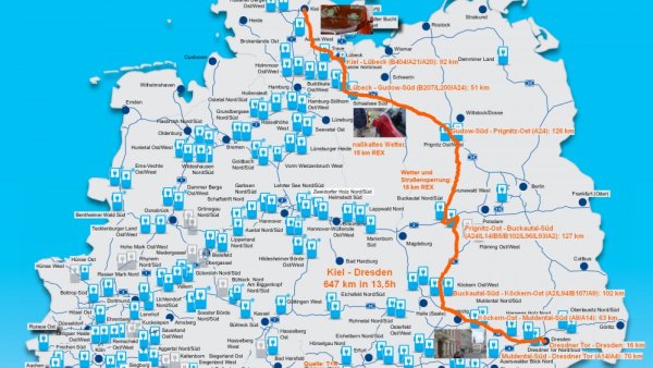 Die längste Strecke von Kiel nach Dresden in 13,5h am 22.10.2017 auf Umwegen nach Reichweitenkriterien
